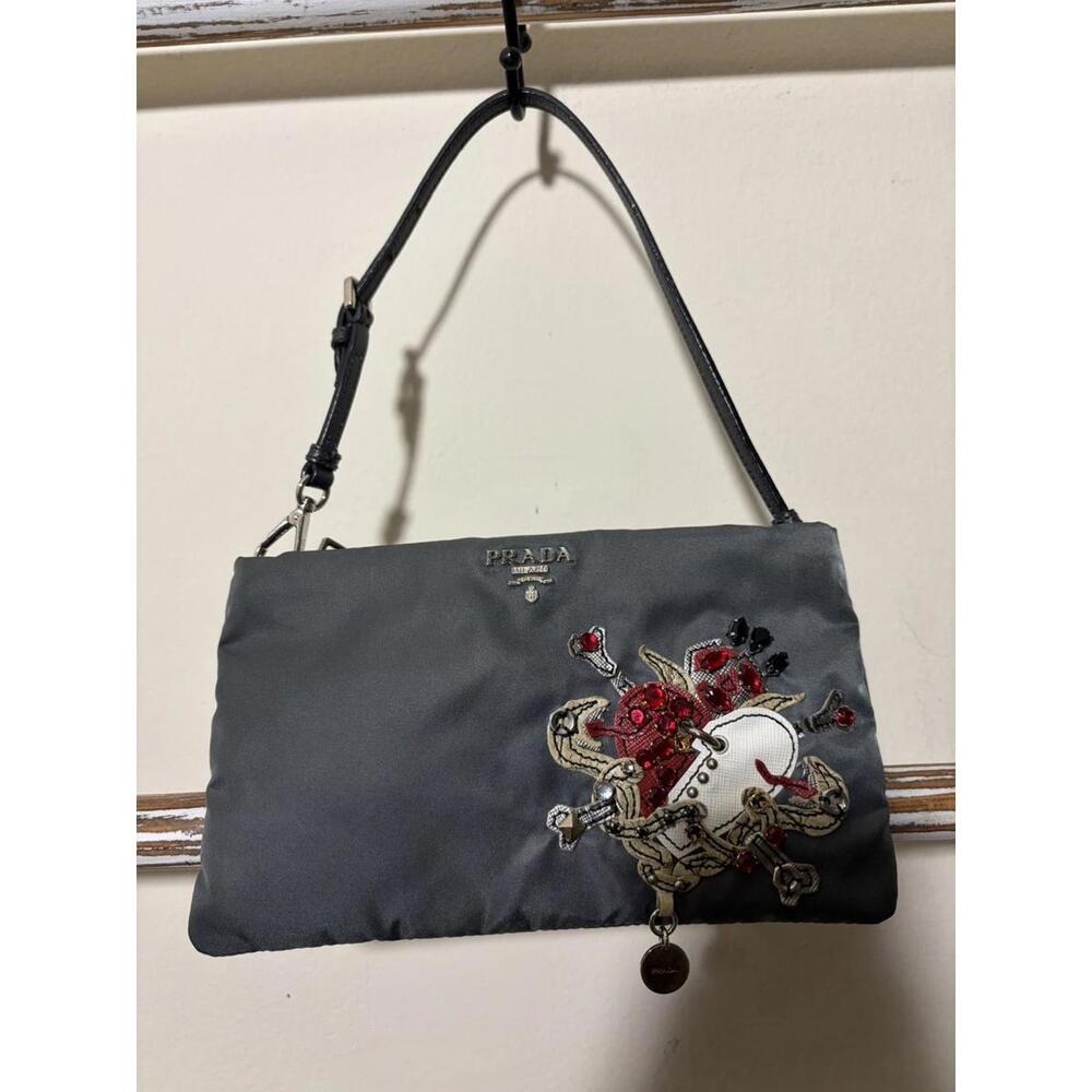 Prada Tessuto Gray Nylon Tattoo Heart Gem Stud Shoulder Bag